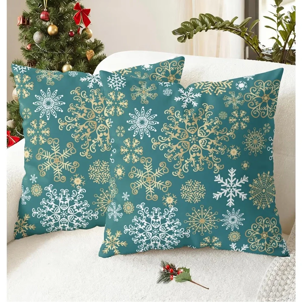 Holiday Snowflake Throw Pillow Case Set - Teal and Gold 18” x 18” NWOT